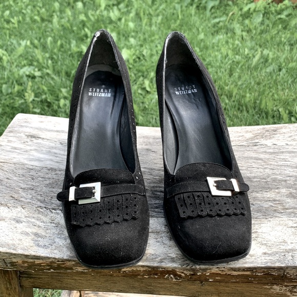 Stuart Weizmann black suede loafer heel - Picture 1 of 15